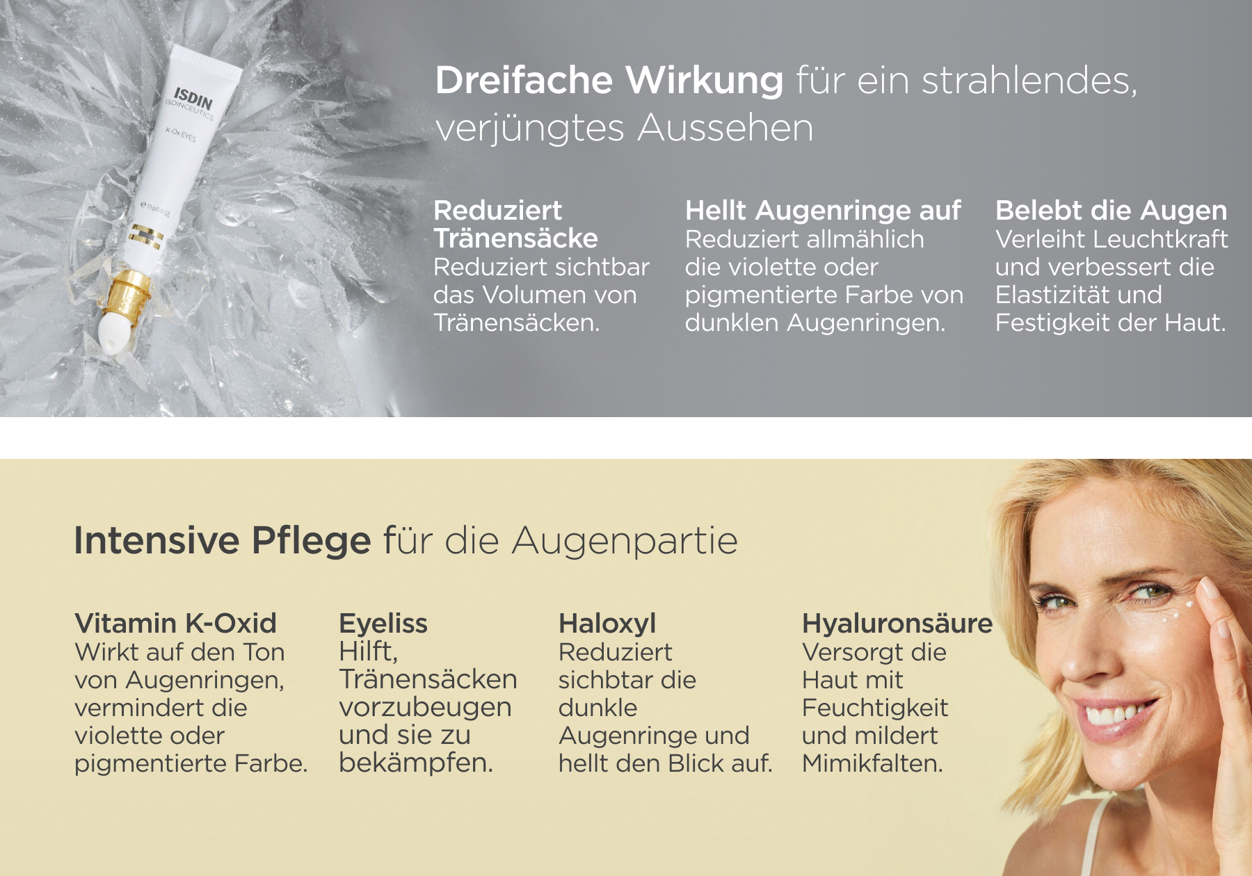 Grafik mit Text und Tube ISDINCEUTICS K-Ox Eyes. Reduziert Tränensäcke, hellt Augenringe auf, belebt die Augen.